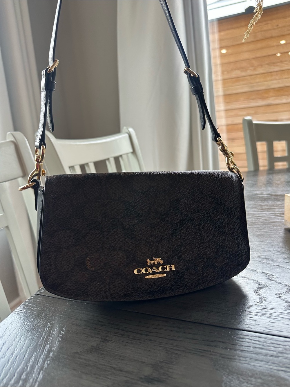 COACH Dark Brown Signature Shoulder Bag with Gold Hardware